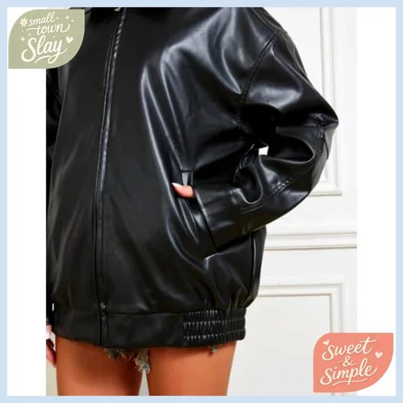 Oversized Faux Leather Motorcycle Jacket Women's Winter Bomber Coat
